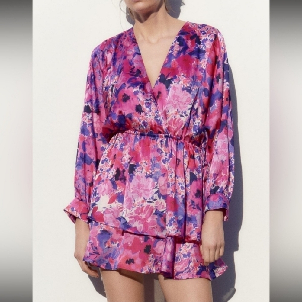 ZARA Womens Floral Mini Dress Size S Pink Colorful Girly Flowy Bohemian